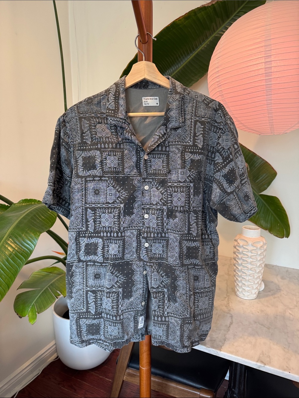 Frank & Oak Short Sleeve Black Patterned Camp Shirt